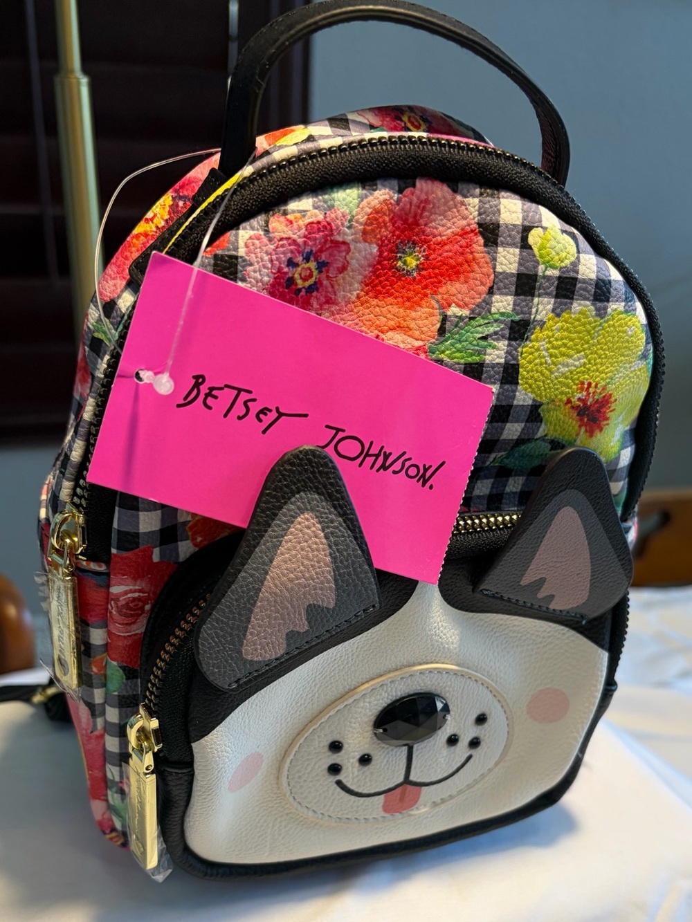 NWT- Betsey Johnson Black & White Gingham Floral Bulldog Mini Backpack